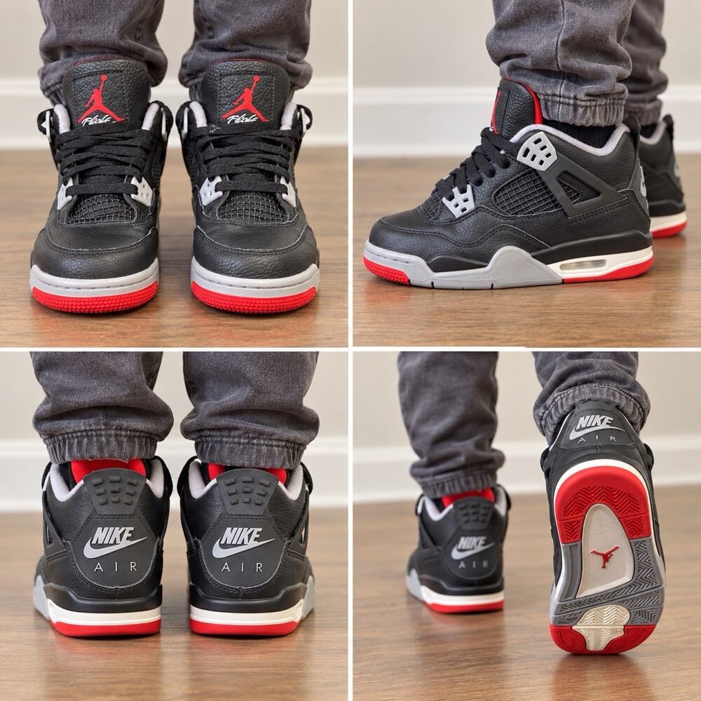 Air Jordan 4 Retro Bred Reimagined GS 5.5Y Black Red FQ8213-006